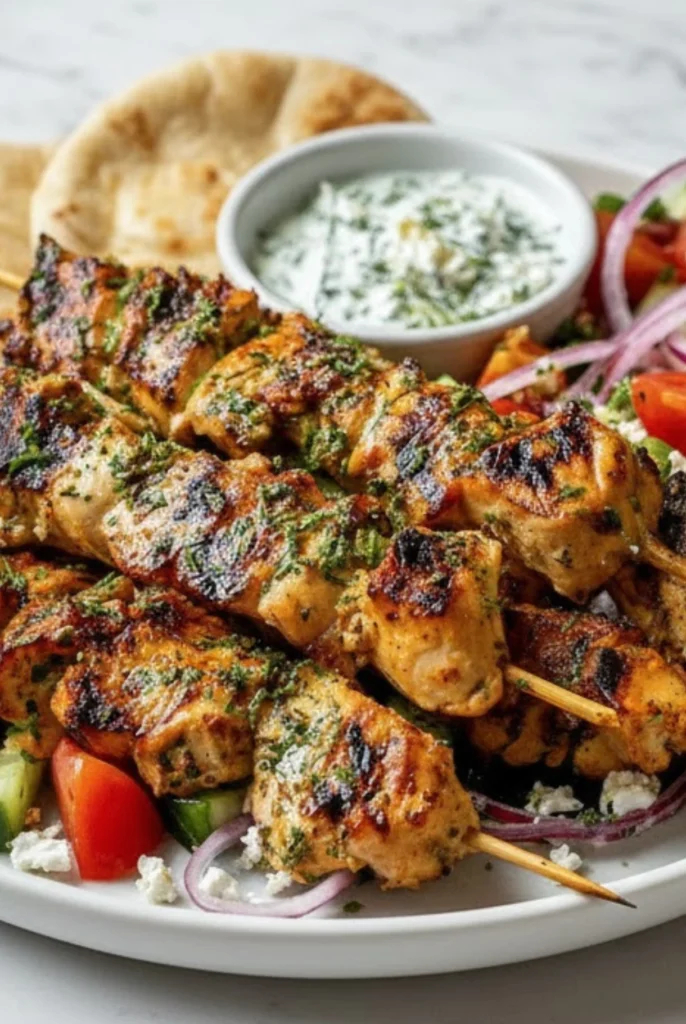 Close-up of grilled Greek Chicken Souvlaki skewers served with creamy tzatziki sauce, pita bread, and fresh tomato cucumber salad