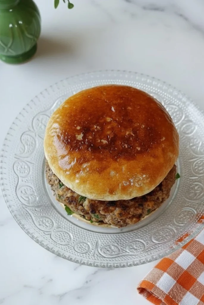 Golden toasted ground turkey burger served on a clear glass plate