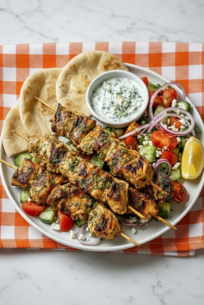 Grilled Greek Chicken Souvlaki skewers served with pita bread, tzatziki sauce, and fresh tomato cucumber salad on a white plate