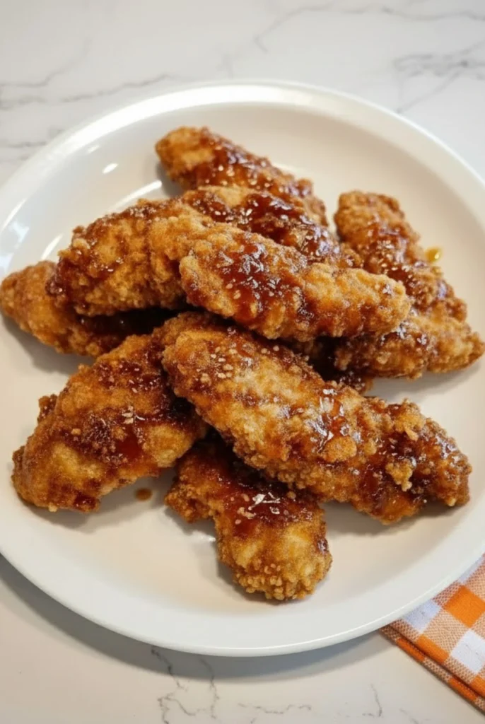 Crispy Air Fryer Hot Honey Chicken Tenders coated in a sweet and spicy glaze, served on a white plate over marble countertop.