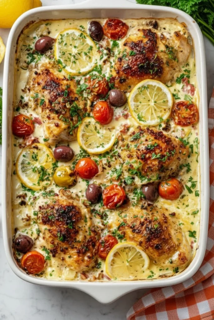 Creamy Greek chicken feta casserole with baked lemon slices, cherry tomatoes, olives, and herbs in a white baking dish on a marble surface.