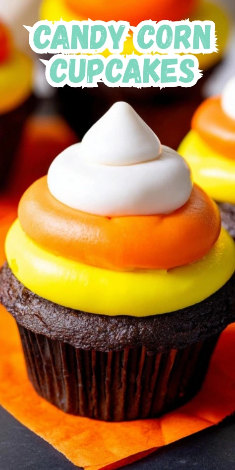 Close-up of a chocolate cupcake topped with vibrant candy corn-inspired buttercream frosting in yellow, orange, and white, perfect for Halloween.