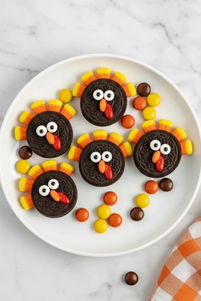 Oreo Turkey Cookies with Candy Corn Feathers and Colorful Candy Beads