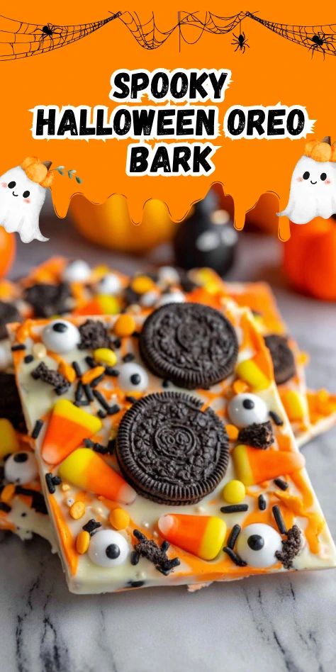 Spooky Halloween Oreo Bark with Candy Eyes, Oreo Cookies, and Reese’s PiecesSpooky Halloween Oreo Bark with Candy Eyes, Oreo Cookies, and Reese’s Pieces