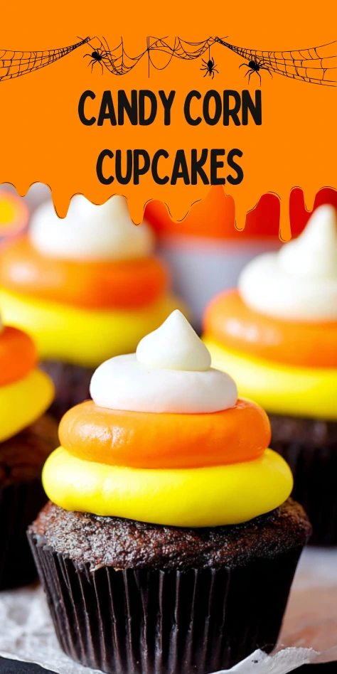Candy Corn Cupcakes with colorful yellow, orange, and white buttercream frosting atop rich chocolate cupcakes, perfect for Halloween.