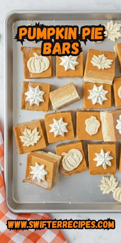 Pumpkin pie bars with whipped cream and fall cookie decorations on a baking tray with text overlay Pumpkin Pie Bars and website www.swifterrecipes.com .