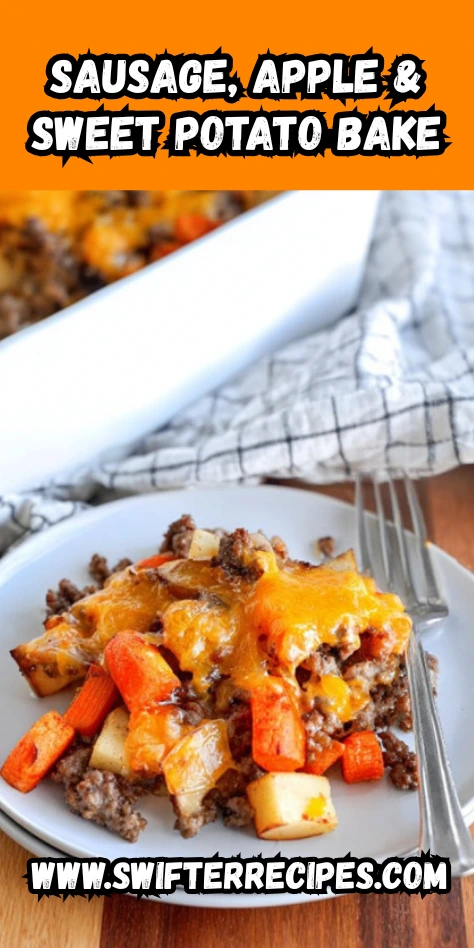 Sausage, Apple & Sweet Potato Bake with melted cheddar cheese, served on a plate