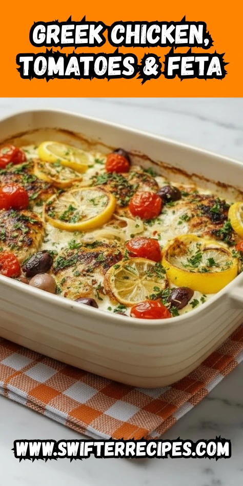 Baked Greek chicken feta casserole with lemon slices, cherry tomatoes, and olives in a white dish on a checkered napkin, with recipe title text overlay reading “Greek Chicken, Tomatoes & Feta”.