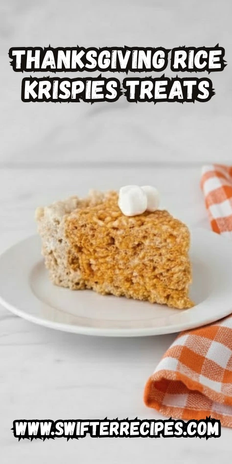 Slice of Thanksgiving Rice Krispies treat pie topped with mini marshmallows on a white plate with orange checkered napkin