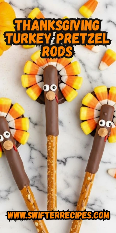 Thanksgiving turkey pretzel rods with candy corn feathers and chocolate coating