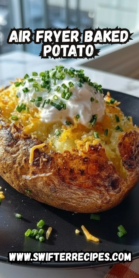 Air fryer baked potato topped with sour cream, melted cheese, and fresh chives on a black plate with text overlay promoting Swifter Recipes.