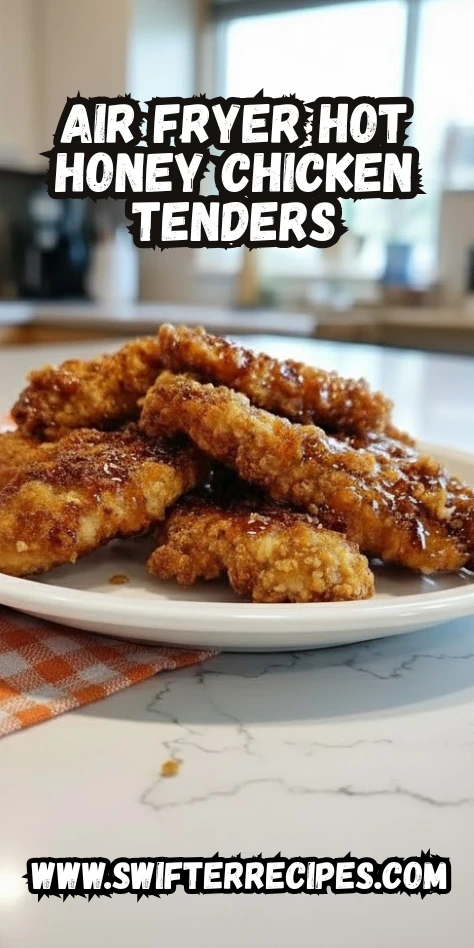 Crispy Air Fryer Hot Honey Chicken Tenders on a white plate with sweet and spicy glaze and bold recipe title overlay from Swifter Recipes.