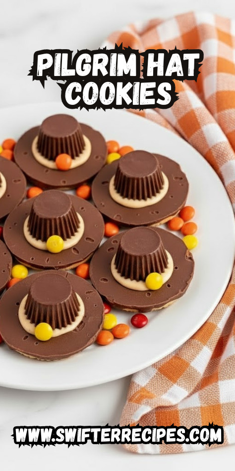 Festive Pilgrim Hat Cookies made with peanut butter cups and fudge-striped cookies on a white plate with colorful M&Ms and a fall napkin, labeled Pilgrim Hat Cookies.