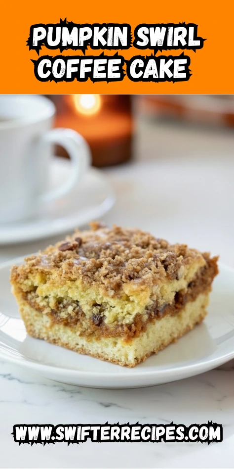 Slice of Pumpkin Swirl Coffee Cake with crumb topping on a white plate beside a cup of coffee, featured on Swifter Recipes for cozy fall baking inspiration.