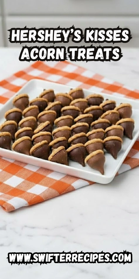 Tray of Hershey’s Kisses Acorn Treats made with chocolate Kisses and mini cookies on an orange gingham napkin