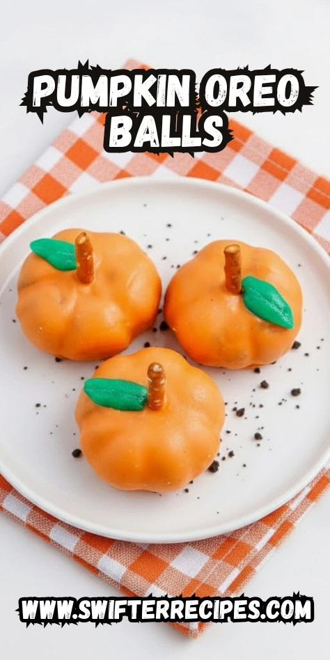 Three pumpkin-shaped Oreo balls dipped in orange candy coating with green candy leaves and pretzel stick stems on a white plate over an orange checkered napkin, labeled "Pumpkin Oreo Balls" from SwifterRecipes.com.