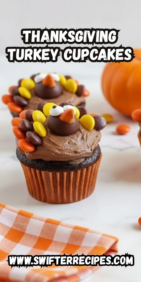 Thanksgiving Turkey Cupcakes Decorated with Candy Feathers and Chocolate Frosting