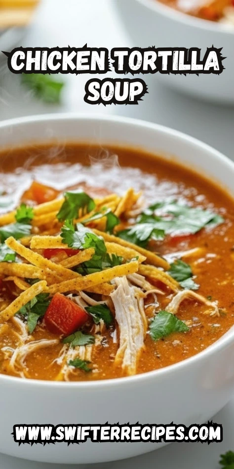 Bowl of Chicken Tortilla Soup topped with crispy tortilla strips, cilantro, and diced red peppers.