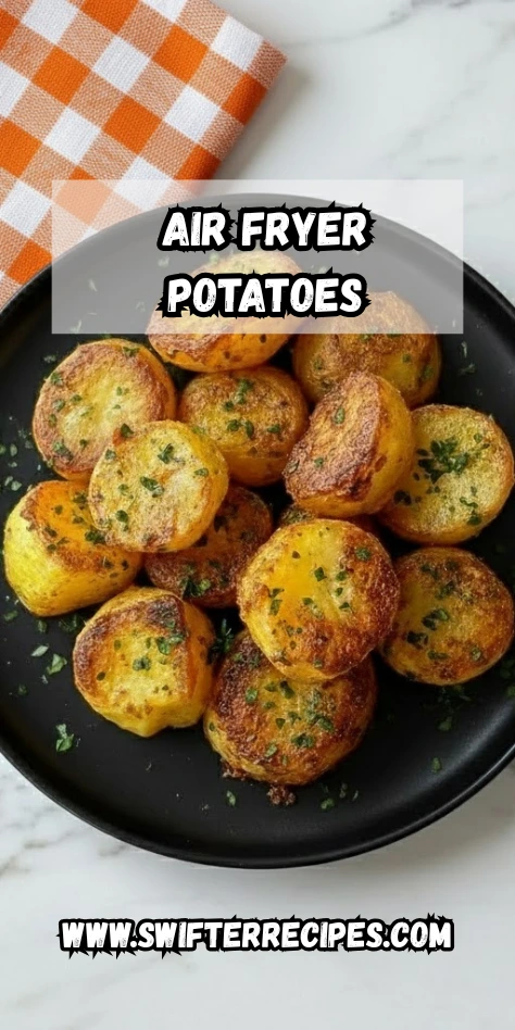 Crispy Air Fryer Potatoes Garnished with Fresh Parsley on Black Plate