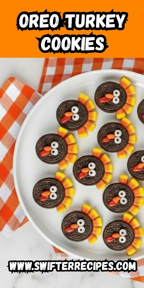 Oreo Turkey Cookies arranged on a white plate with candy corn feathers and Reeseās Pieces beaks, featured on SwifterRecipes.com.