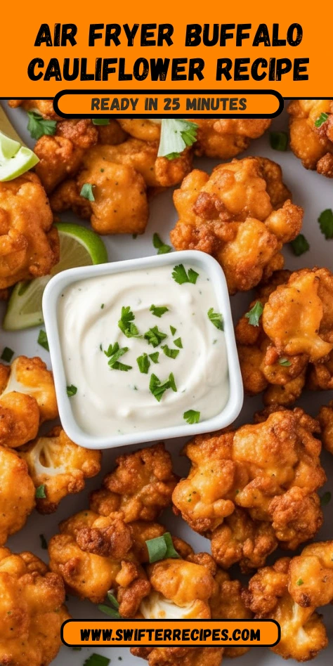 Crispy Air Fryer Buffalo Cauliflower served with creamy dip and garnished with cilantro.