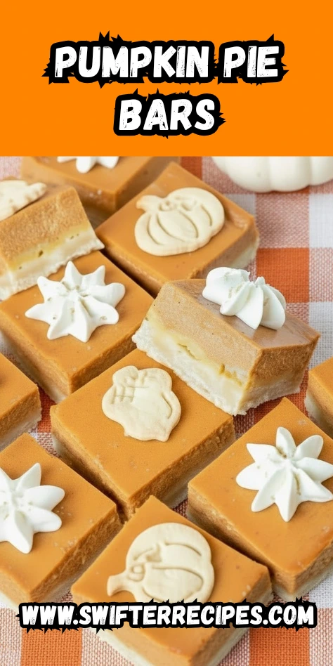 Delicious pumpkin pie bars topped with whipped cream and fall cookie shapes on a checkered tablecloth with text overlay Pumpkin Pie Bars.