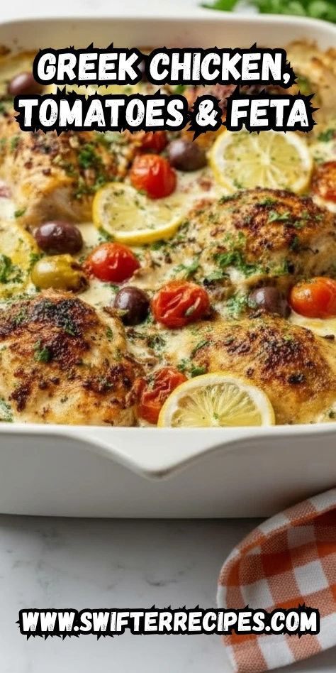 Creamy baked Greek chicken feta casserole with lemon slices, cherry tomatoes, and olives in a white dish, with text reading “Greek Chicken, Tomatoes & Feta” and swifterrecipes.com.