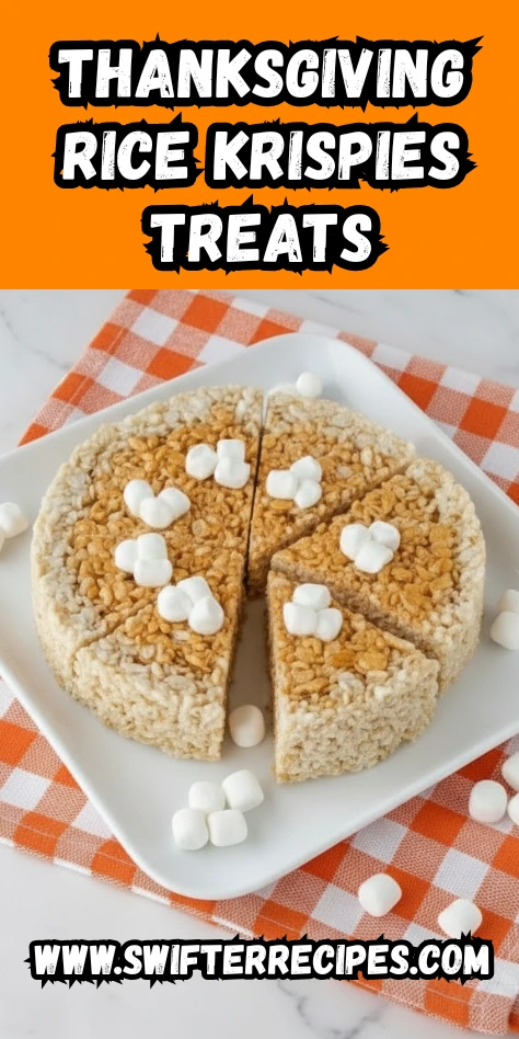 Thanksgiving Rice Krispies treats shaped like pie slices with marshmallows on white plate and orange checkered napkin