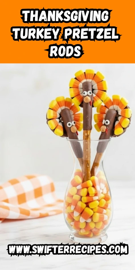 Thanksgiving turkey pretzel rods in a glass vase filled with candy corn