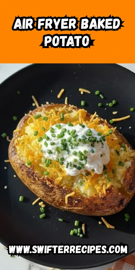 Air fryer baked potato topped with sour cream, melted cheddar cheese, and chopped chives on a black plate with orange background and Swifter Recipes text.