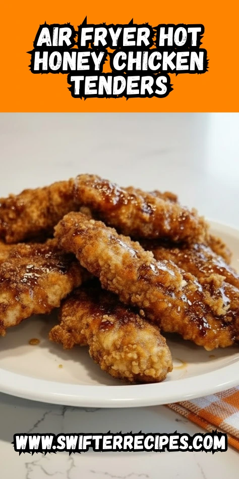 Crispy Air Fryer Hot Honey Chicken Tenders stacked on a white plate, glazed with hot honey sauce, with bold orange banner and Swifter Recipes branding.