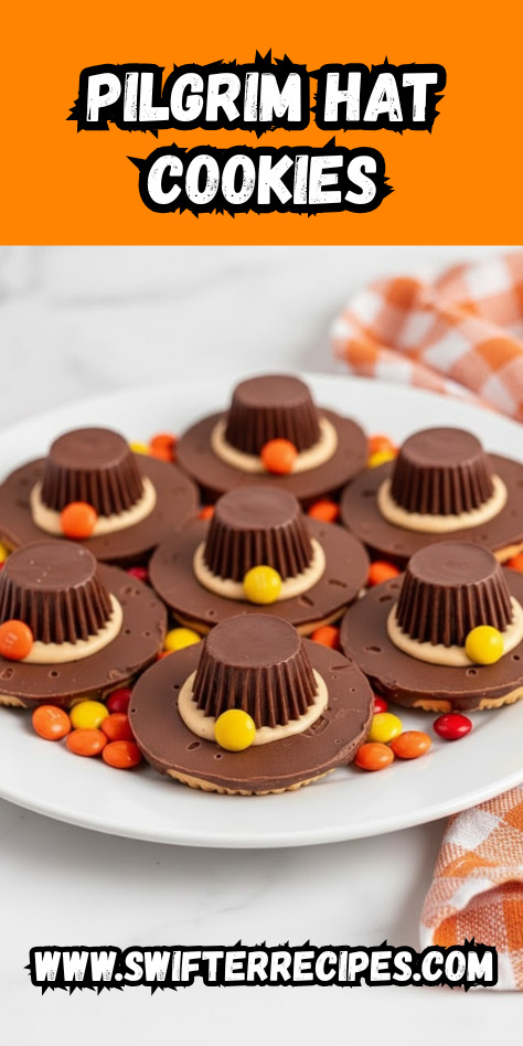 Easy Pilgrim Hat Cookies made with Reese’s peanut butter cups and fudge-striped cookies on a white plate with colorful M&Ms, perfect for Thanksgiving.