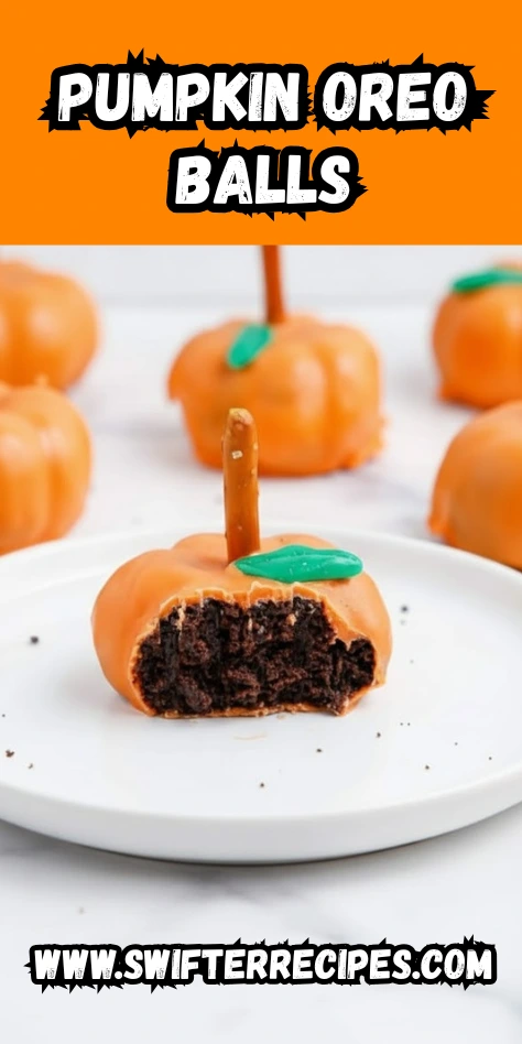 Pumpkin-shaped Oreo ball with a bite taken out, showing rich chocolate Oreo filling inside orange candy coating, decorated with a pretzel stick stem and green candy leaf, labeled "Pumpkin Oreo Balls" from SwifterRecipes.com.