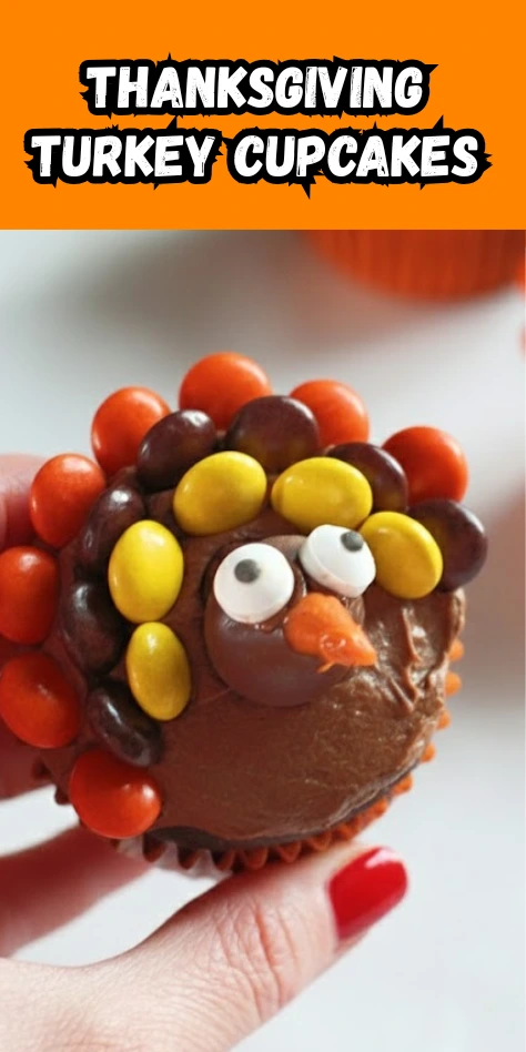Thanksgiving Turkey Cupcake Decorated with Reese’s Pieces Feathers and Chocolate Frosting