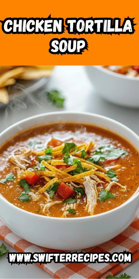 Close-up of Chicken Tortilla Soup topped with crispy tortilla strips, cilantro, and red peppers.
