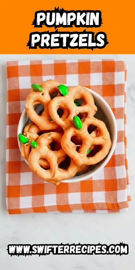 Bowl of Pumpkin Pretzels coated in orange candy melts with green M&M stems on an orange gingham napkin and text overlay www.swifterrecipes.com .