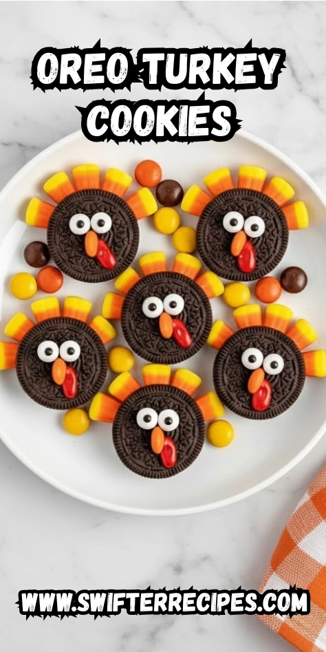 Oreo Turkey Cookies on a white plate with candy corn feathers and Reeseās Pieces beaks, featured on SwifterRecipes.com.