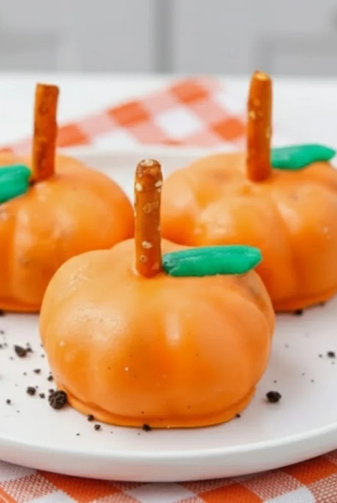 Pumpkin Oreo Balls with Pretzel Stems and Green Candy Leaves