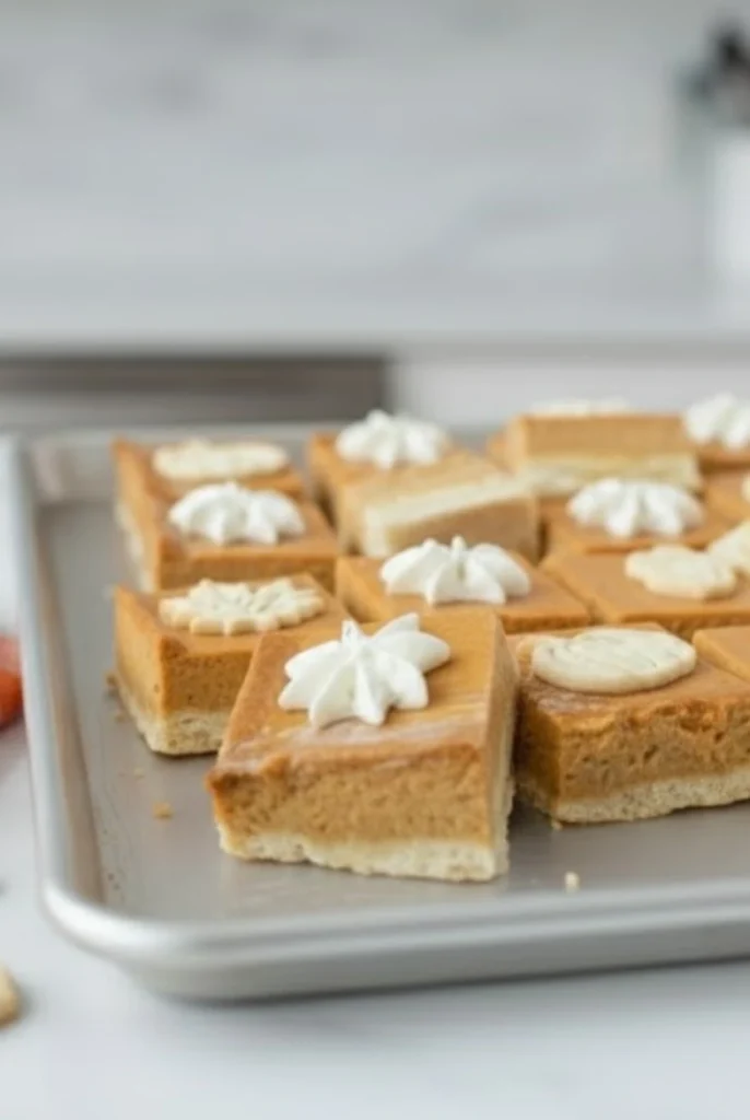 Pumpkin Pie Bars with Whipped Cream Topping on a Baking Sheet