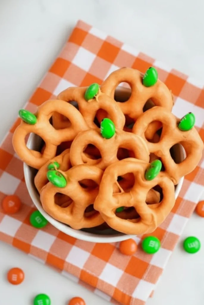 Pumpkin Pretzels with Orange Candy Coating and Green Candy "Stems"