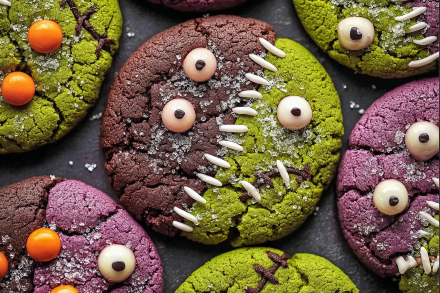 Vegan Halloween Cookies with Natural Colors, Googly Eyes, and Spooky Stitch Designs