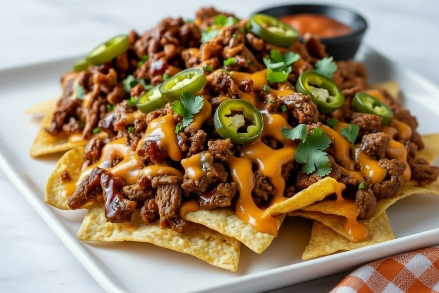 BBQ Pulled Pork Nachos with Melted Cheese, Jalapeños, and Fresh Cilantro