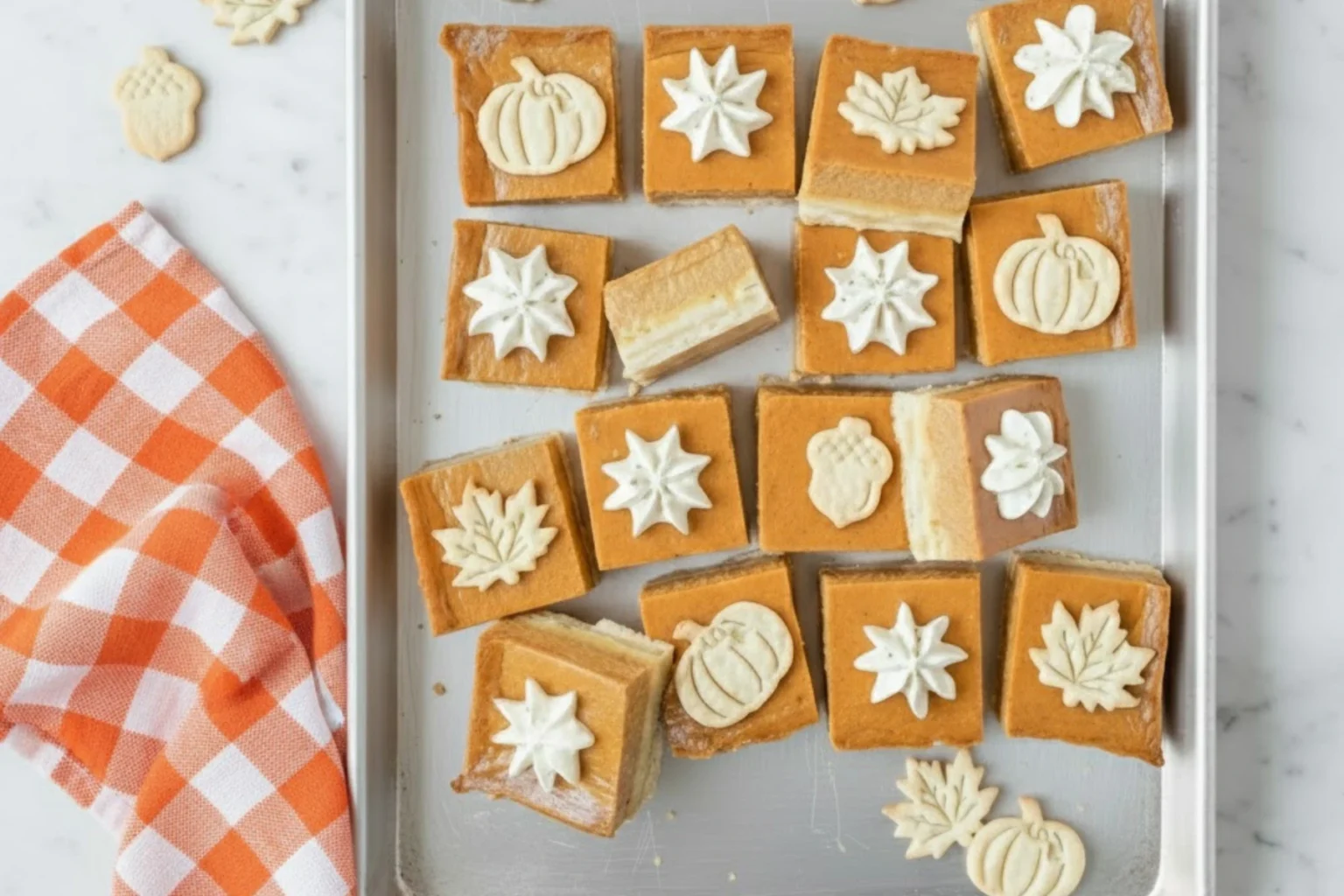 Pumpkin pie bars with creamy filling and shortbread crust topped with whipped cream and fall-shaped cookie decorations on a silver tray.
