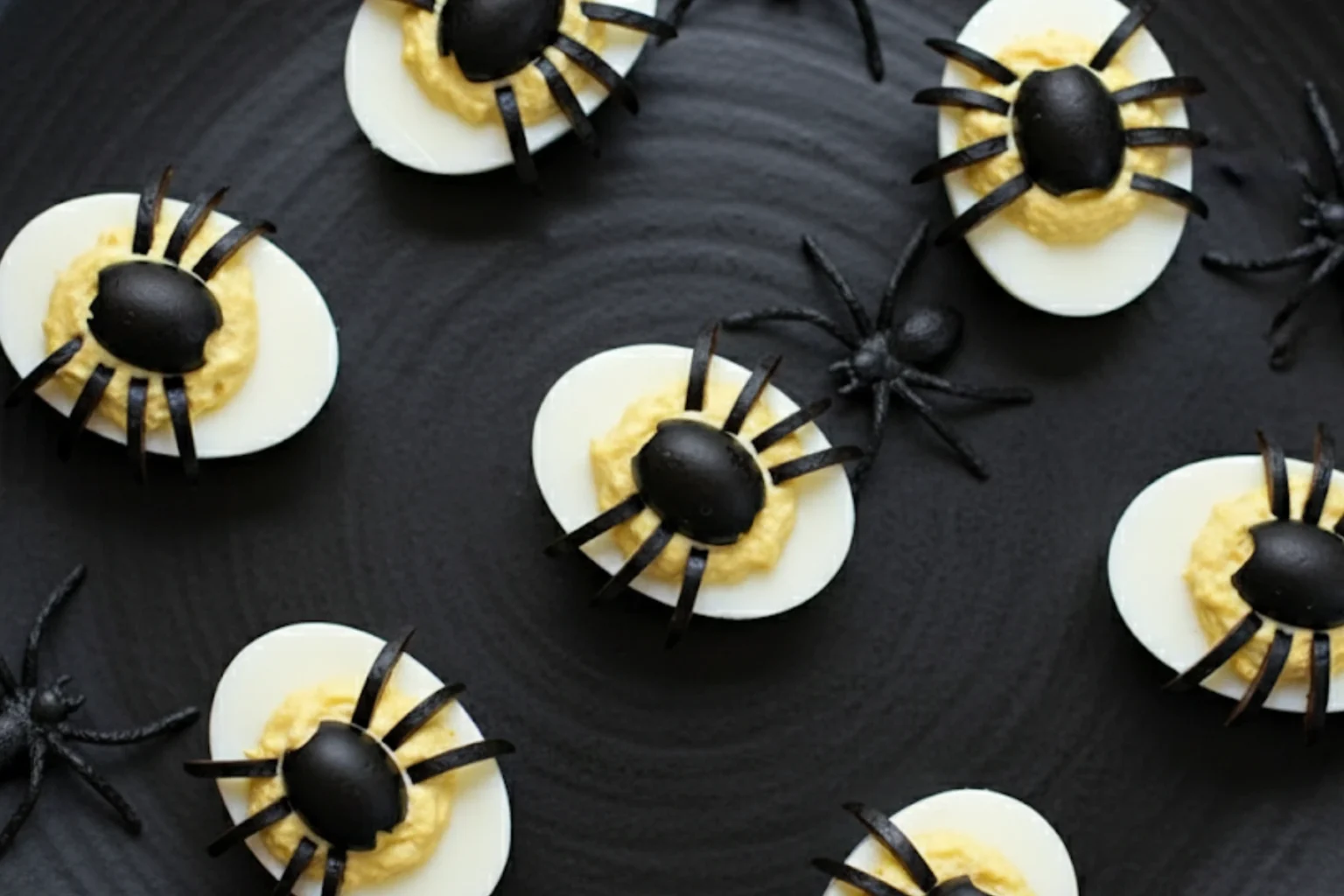 Keto Halloween Deviled Eggs topped with black olive spiders on a dark plate, perfect for a spooky low-carb Halloween snack.