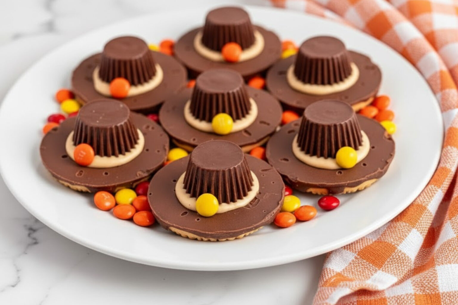 Pilgrim Hat Cookies made with fudge-striped cookies, peanut butter cups, and colorful mini M&Ms on a white plate for Thanksgiving.