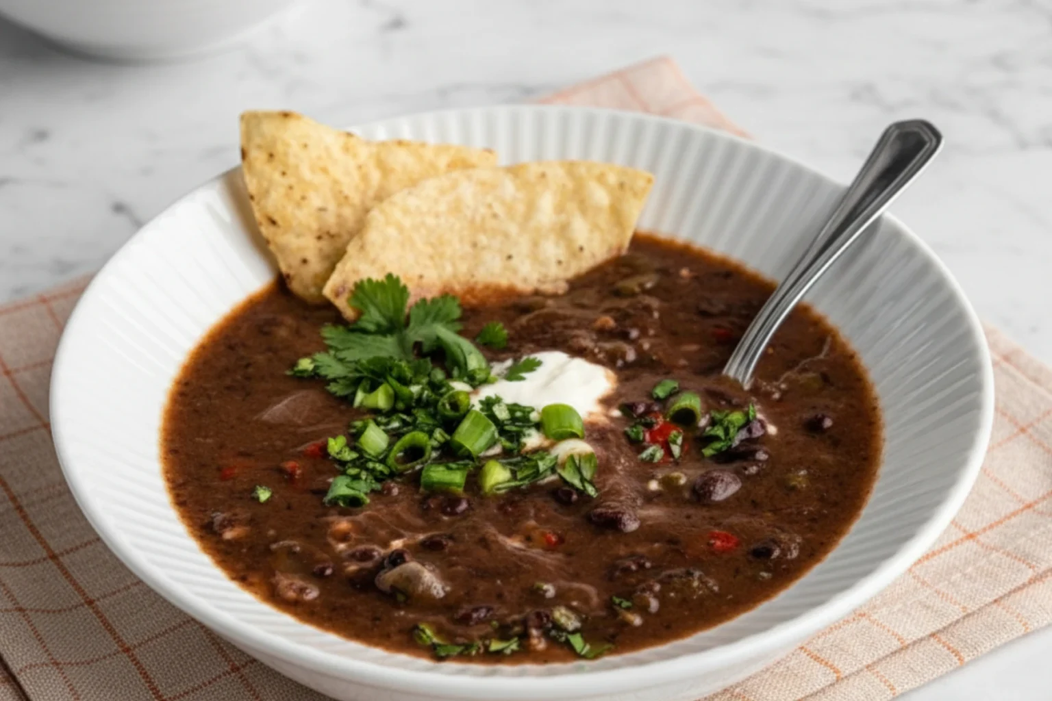 Spicy Black Bean Soup with Sour Cream, Green Onions, and Tortilla Chips