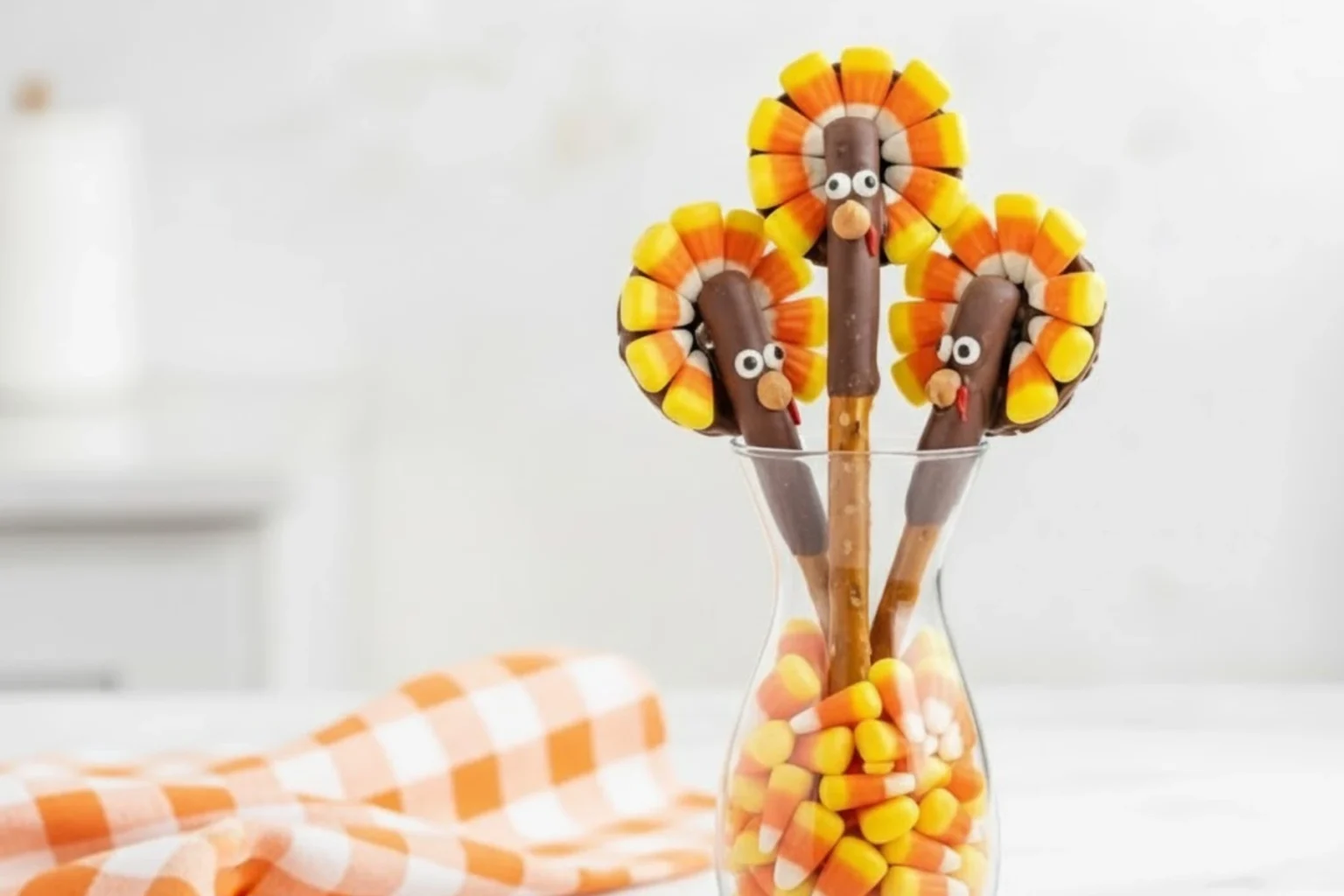 Festive Thanksgiving Turkey Pretzel Rods made with candy corn and chocolate
