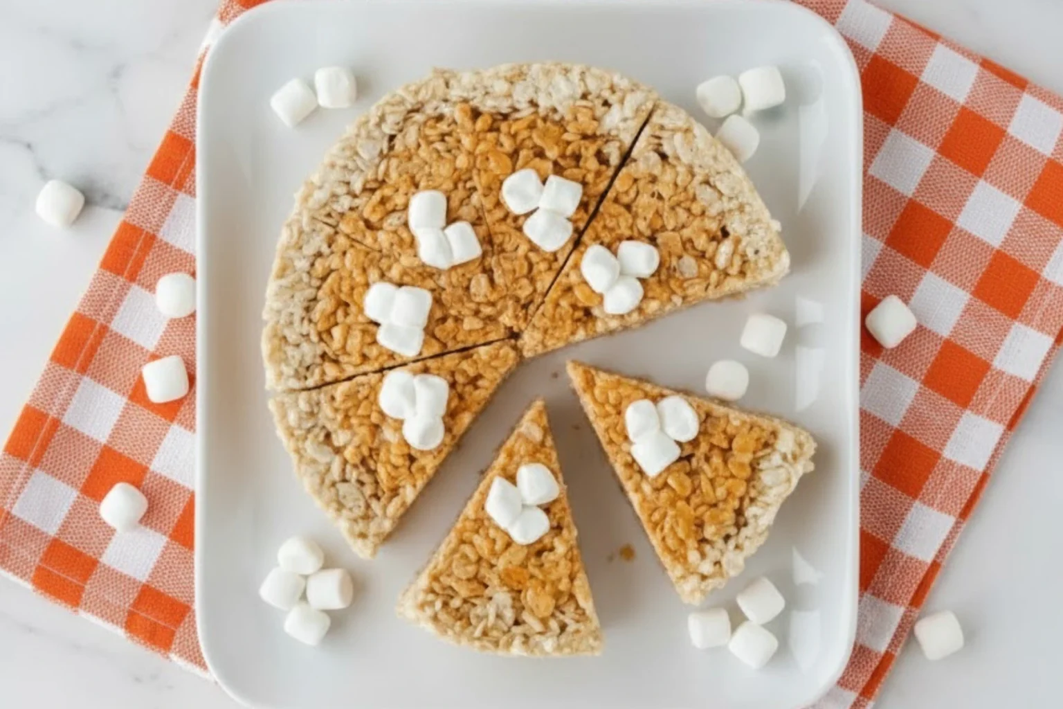 Thanksgiving Rice Krispies treats shaped like pie slices topped with mini marshmallows on a white plate with orange checkered cloth