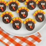 Oreo Turkey Cookies on a white plate made with candy corn, candy eyes, and Reese’s Pieces, perfect for a fun Thanksgiving dessert idea.