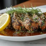 Garlic Herb Roasted Pork Tenderloin with Lemon and Rosemary Garnish